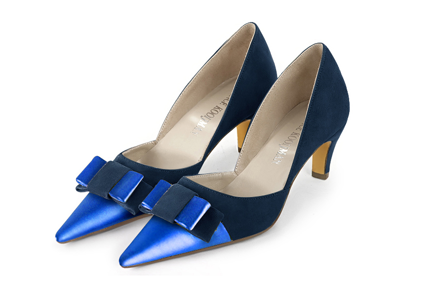 Electric blue women's open arch dress pumps. Pointed toe. Medium slim heel. Front view - Florence KOOIJMAN